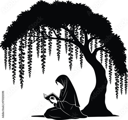 Silhouette of a muslim woman wearing a hijab reading a book under a weeping willow tree