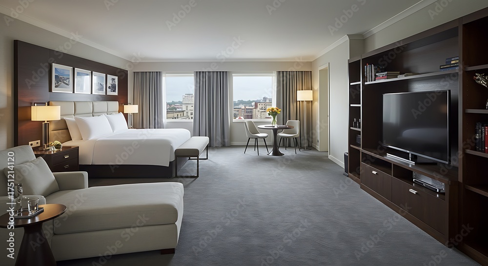 Fototapeta premium Luxurious Hotel Suite with City View, Plush Bedding, and Modern Entertainment Center.