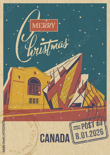 Merry Christmas Canada Main Attraction Royal Ontario Museum Toronto, Retro Greeting Cards Style Illustration. Vintage Colors, Aged Paper Texture, Snow