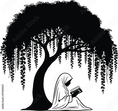 Silhouette of a woman wearing a hijab reading a book under a large weeping willow tree