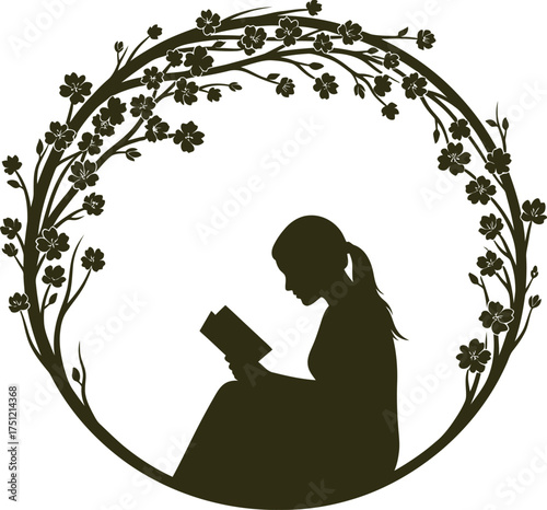 Silhouette of a young girl reading a book surrounded by a circular frame of blooming cherry blossom branches