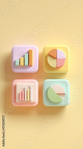 Colorful 3D Rendered Business and Financial Data Icons.