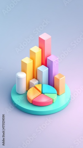 Colorful 3D Rendered Chart and Pie Graph on a Teal Base.