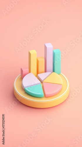 Colorful 3D Rendered Pie Chart and Bar Graph on Pink Background.