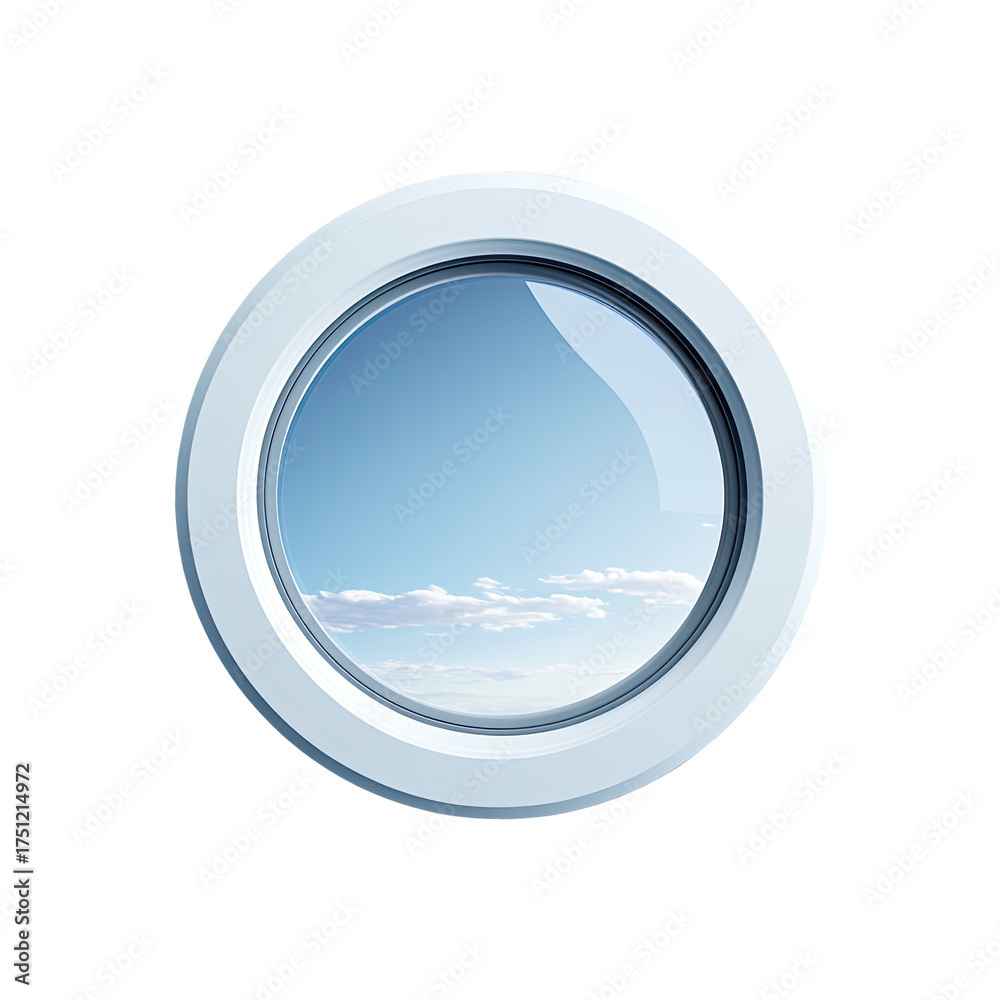 Fototapeta premium Circular porthole view of a cloudy, blue sky against black
