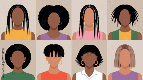 Diverse collection of eight stylish female hairstyles with various skin tones and outfits