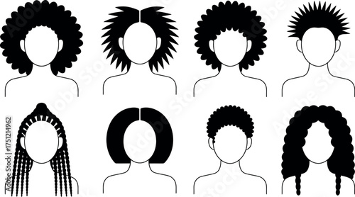 Set of eight diverse female hairstyles isolated on white background in black and white