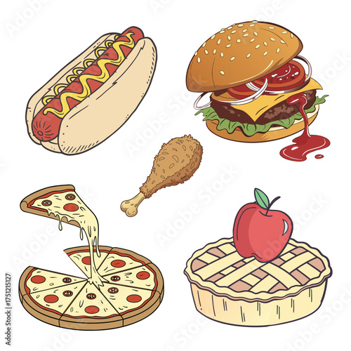 Print Set of retro US food doodles and sketches