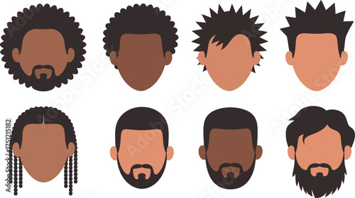 Collection of eight diverse male hairstyles and facial hair styles with various skin tones