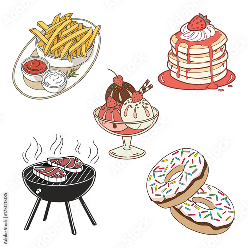 Print Set of retro various US food sketch style drawings