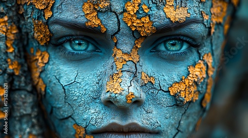 Ethereal Beauty Bark Skin Woman with piercing blue eyes Fantasy Portrait.