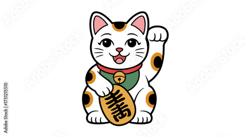 Illustration of a maneki neko cat with a coin isolated on white background
