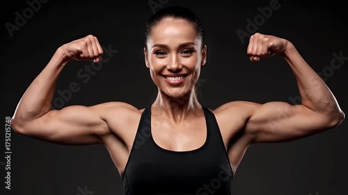 Strong Fit Woman Flexing Biceps with Powerful Smile