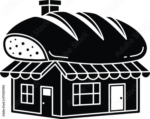 Whimsical black and white illustration of a charming bakery building with a loaf of bread as its roof