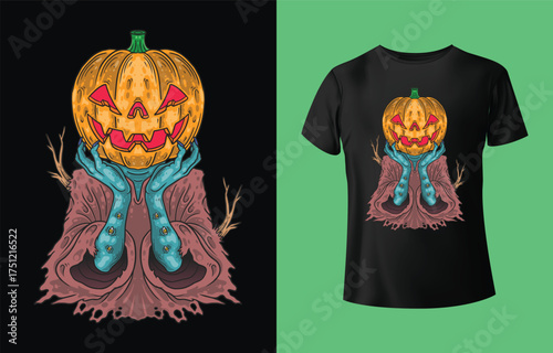 Spooky halloween jack o lantern skeleton character wearing a cape and standing on a dark background with t shirt mockup