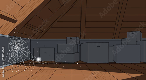A dusty attic filled with cardboard boxes and a prominent spiderweb in the corner.