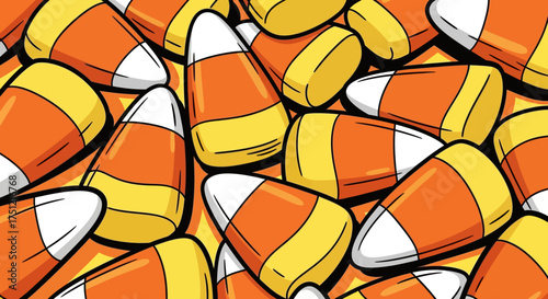 A vibrant and colorful illustrated background pattern of classic Halloween candy corn.