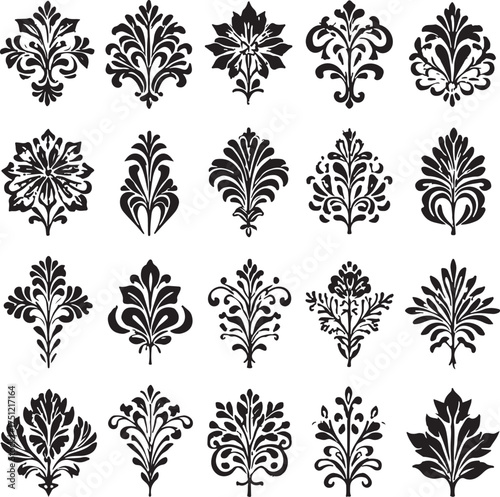 Collection of elegant black and white damask floral ornaments and decorative elements for design