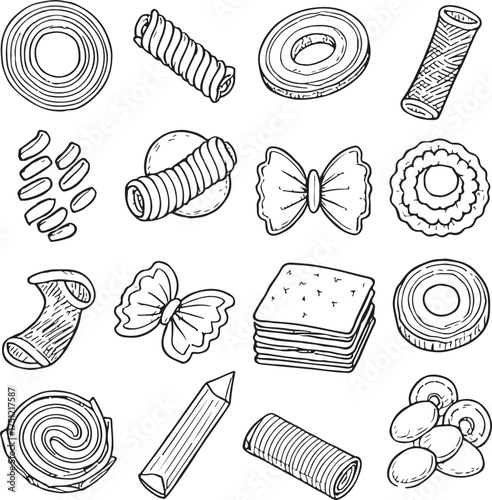 Collection of hand drawn pasta shapes and noodles isolated on white background in sketch style