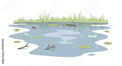 Marsh with floating debris and lily pads in a tranquil setting  
