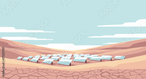 Solar farm in dry valley under clear blue sky as concept of ecology  