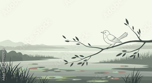 Bird sitting on branch overlooking tranquil marsh with floating debris  