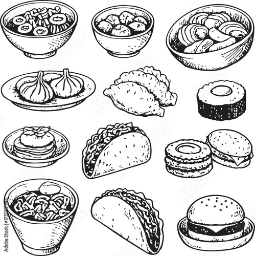 Hand drawn sketch collection of various delicious food items including soups dumplings tacos burgers and desserts