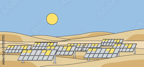 Solar panels installed in dry valley under clear blue sky  