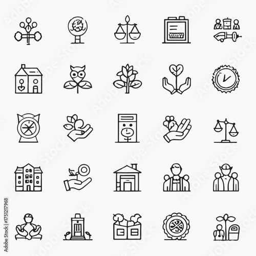 Collection of outline icons representing business growth finance community agriculture and legal concepts