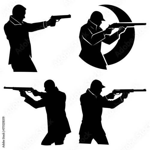 Silhouetted figures holding guns in various poses against a white background and moon shape image