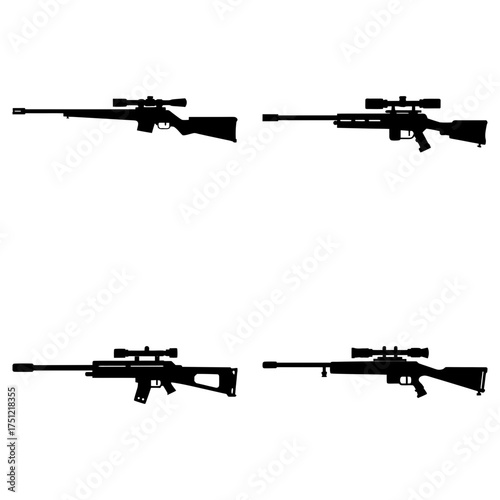 Four sniper rifles with scopes in black silhouette on a white background in a grid arrangement