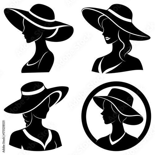 Silhouette illustrations of women wearing hats with wide brims in various poses and arrangements shown