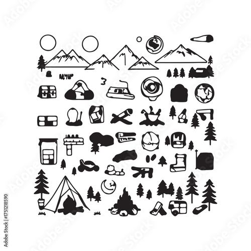 A set of black vector icons for children's design illustrating travel and a house silhouette