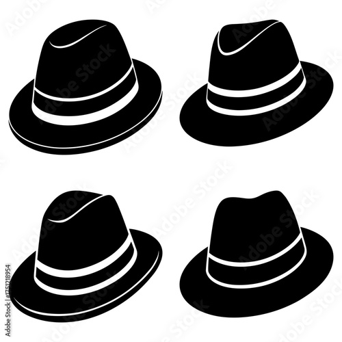 Four black fedora hats with white stripes arranged in a square pattern on a white background display fashion