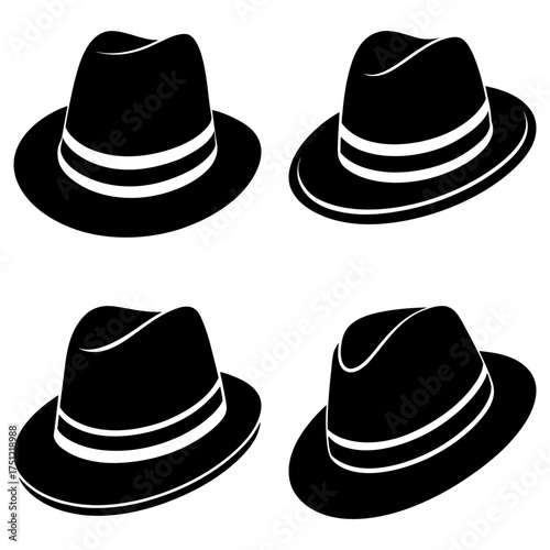 Four black fedora hats with white stripes arranged in a square pattern on a white background display style