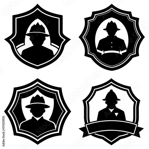 Collection of four black and white firefighter emblems featuring a firefighter silhouette in various shields