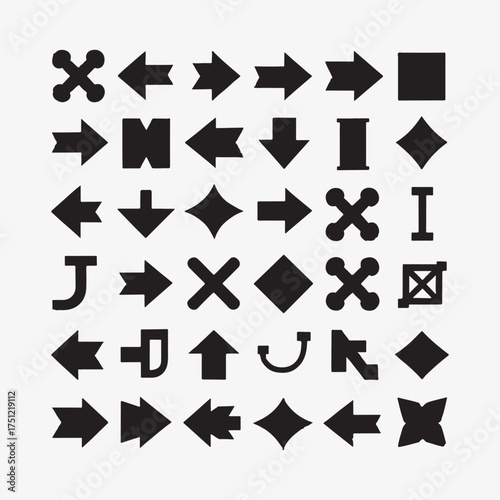 Collection of diverse black directional and symbolic arrow icons and shapes on a white background