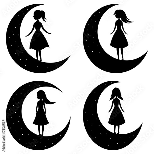 Four crescent moons with silhouettes of girls standing on them in a black and white illustration style