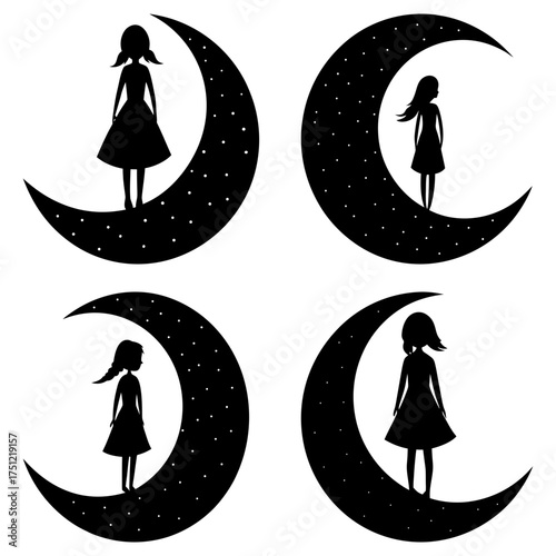 Silhouettes of girls standing on crescent moons with star patterns in a monochrome black and white design
