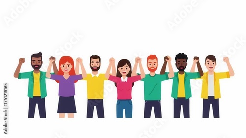 Diverse group of people celebrating with raised arms in unison  