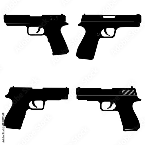 Silhouette illustration featuring four black pistols arranged in a symmetrical composition on white background