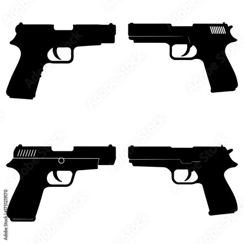 Four black silhouette handgun illustrations displayed on a white background in a symmetrical arrangement