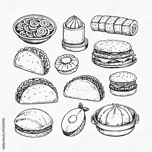 Hand drawn sketch of various fast food items including burgers tacos and appetizers in a collection