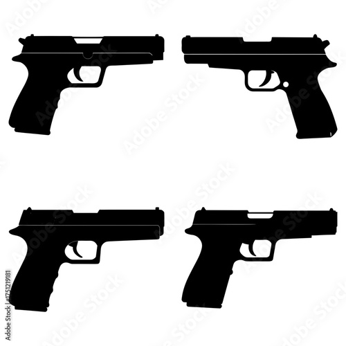 Four black silhouette images of handguns in various angles and positions on a white background design art