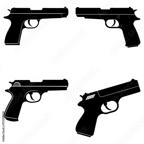 Four black silhouette handgun illustrations on a white background in varying orientations and designs