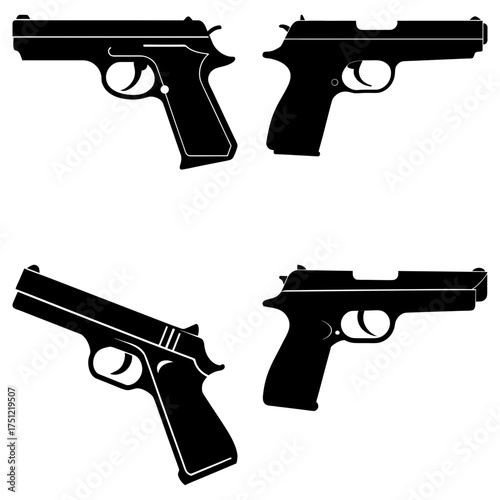 Silhouette illustration featuring four black handguns arranged on a white background in various orientations