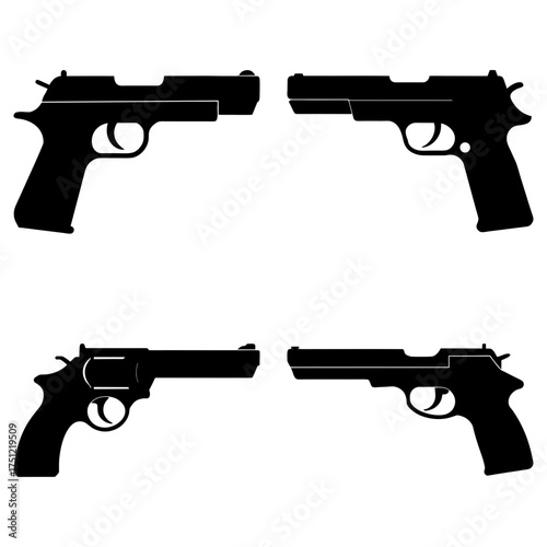 Four black pistol silhouettes arranged symmetrically on a white background showcasing different gun designs