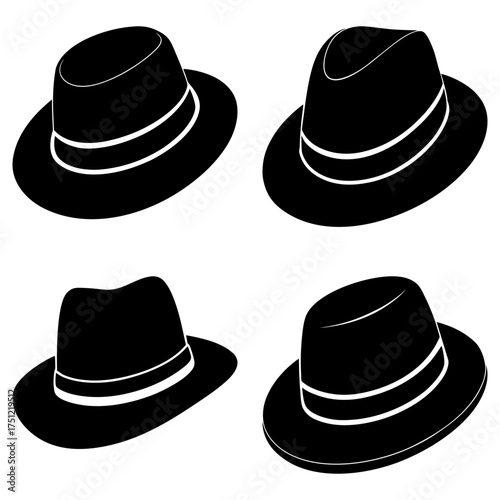 Four black fedora hats with white bands arranged in a square pattern on a white background in a graphic style