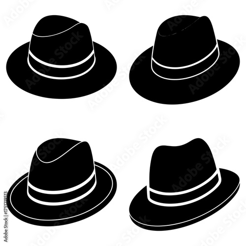Four black fedora hats with white stripes arranged in a square pattern on a white background image view