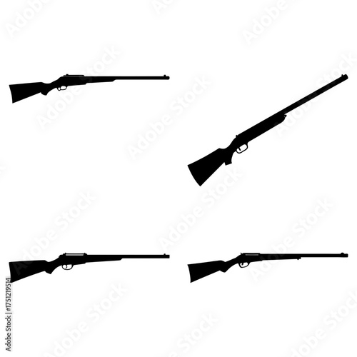Illustration showing four black silhouette hunting rifles in different orientations on white background